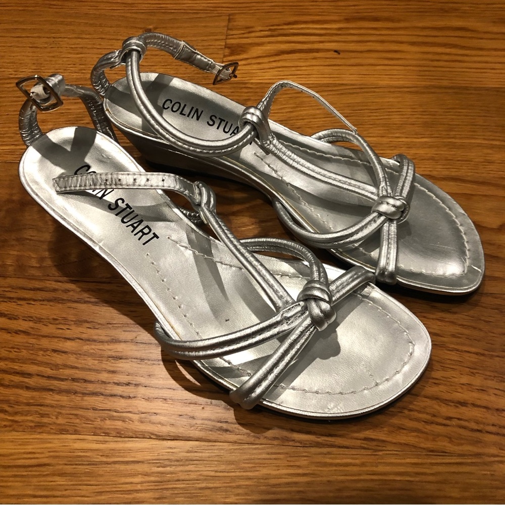 Colin Stuart Silver T Strap Knotted Strappy Small Low Sandals Wedges 5